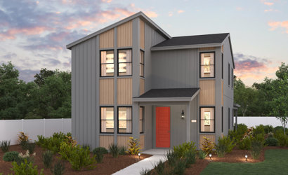 A house with a red door.