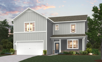 A grey house with a garage.