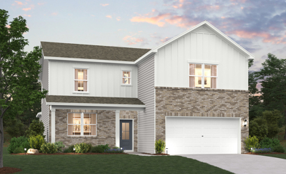 A grey house with a garage.
