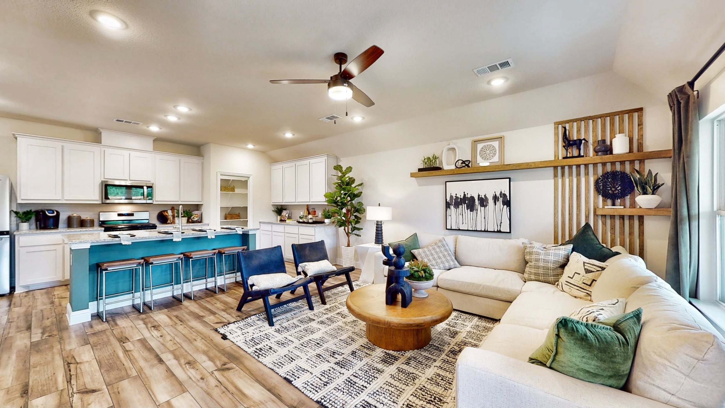 A living room with a large island.