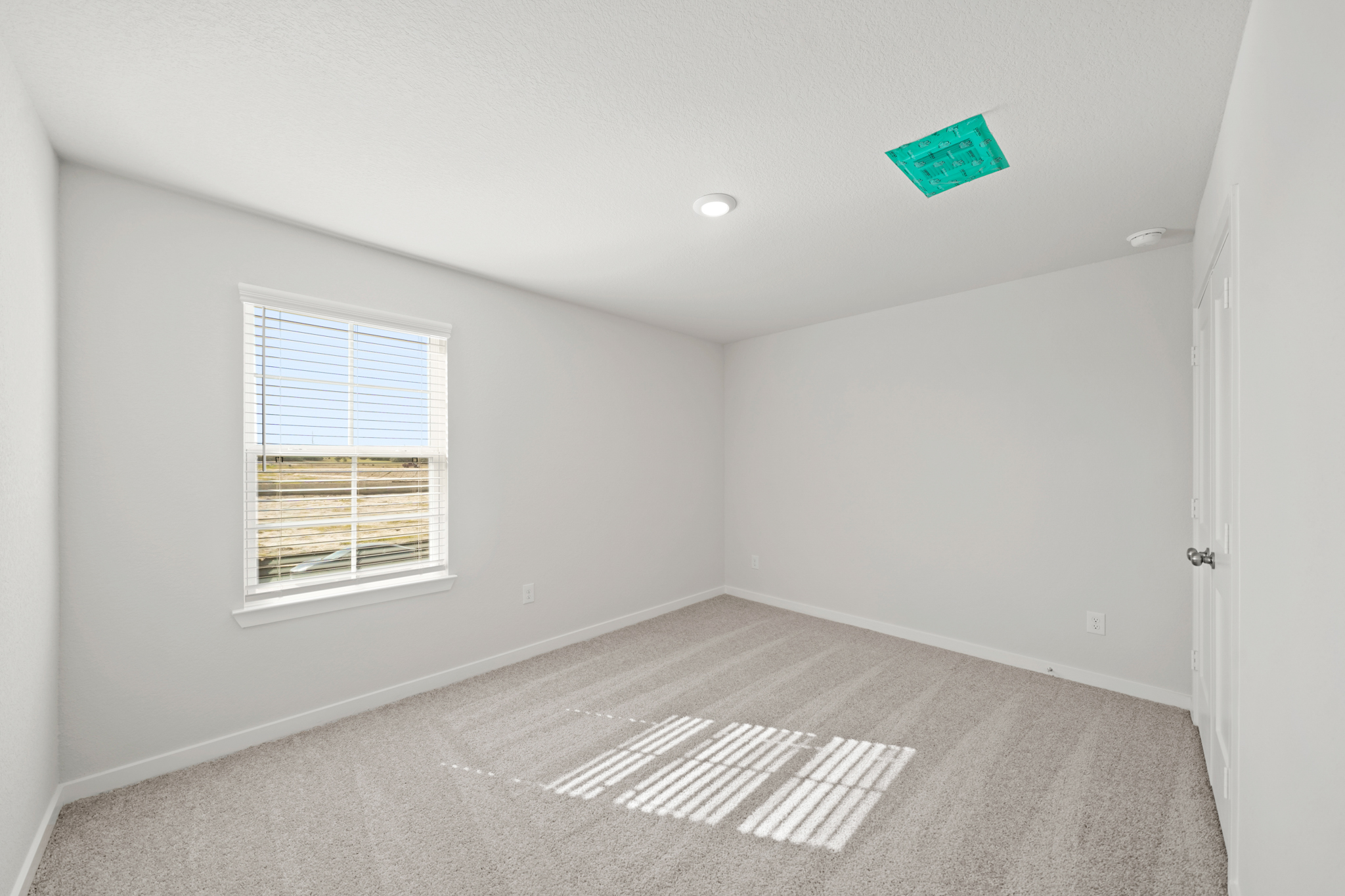 A room with a rug and a window.