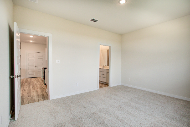 A room with a carpet and a door.