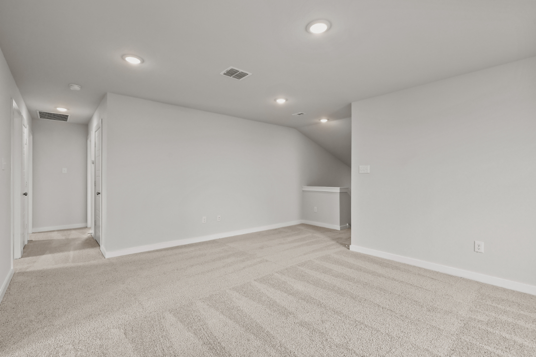 A room with a carpet and a white wall.
