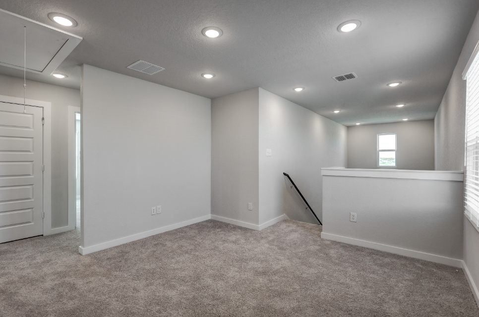 A room with a white wall and a carpet.