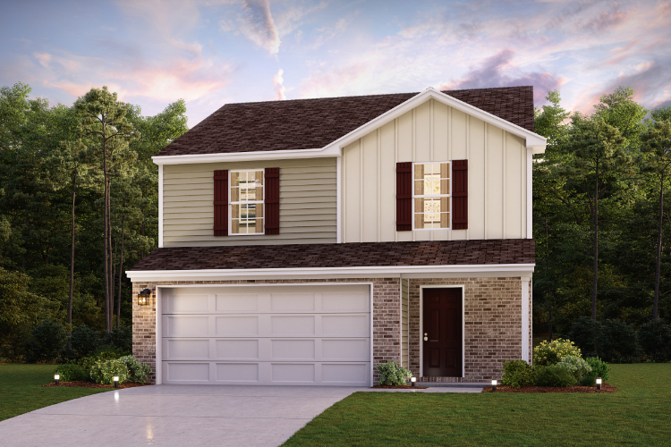 A house with a garage and trees in the back.