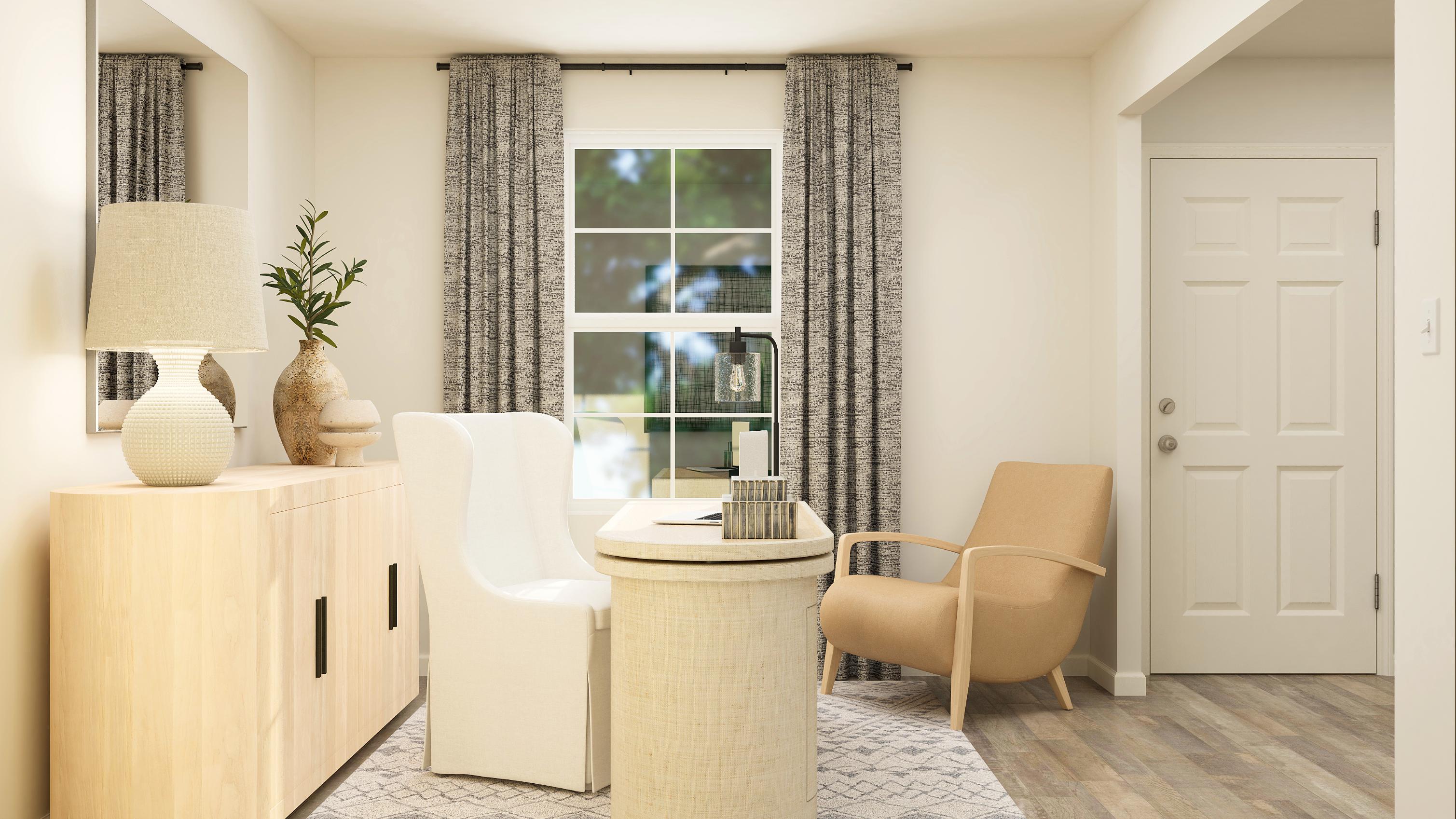 A room with a table chairs and a lamp.