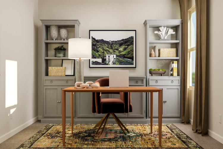 A room with a table and shelves.