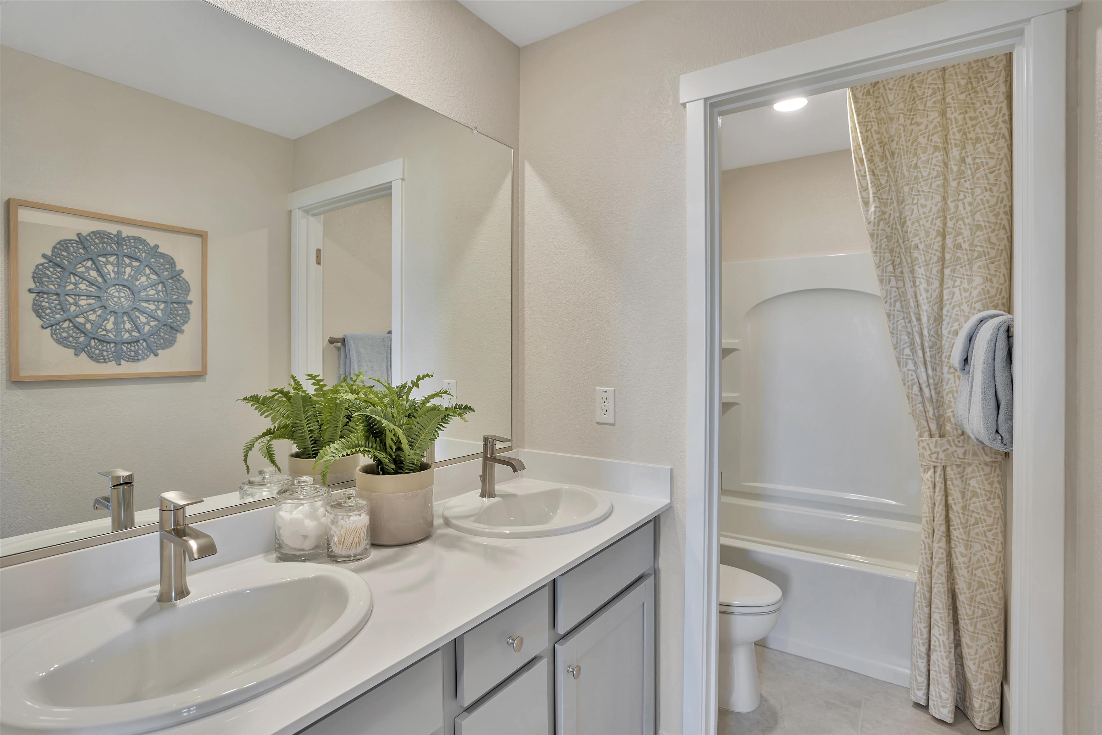 A bathroom with a sink and a shower.